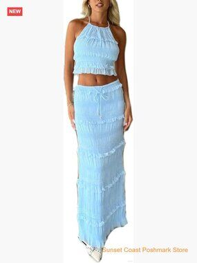 Y2k Maxi Skirt Set Backless Lace Halter Crop Top and Long Skirt 2 PCS Outfit